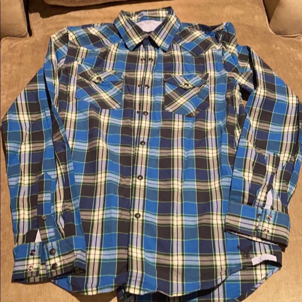 American Eagle men’s Sz S blue/black plaid shirt